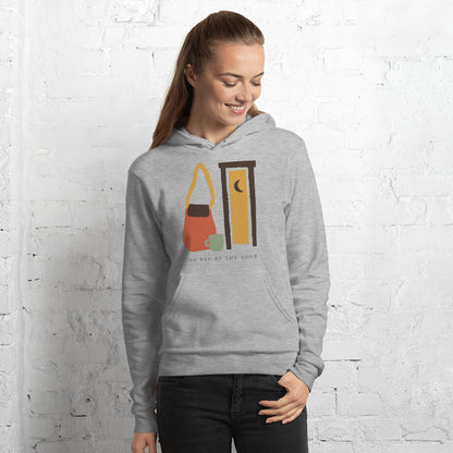 The Bag By The Door doula hoodie — Athletic Heather, on model