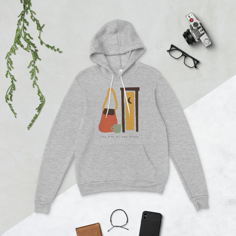 The Bag By The Door doula hoodie — Athletic Heather, flat lay
