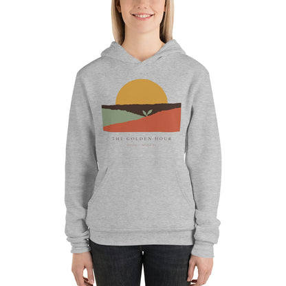 The Golden Hour birth worker doula hoodie — Athletic Heather, on model