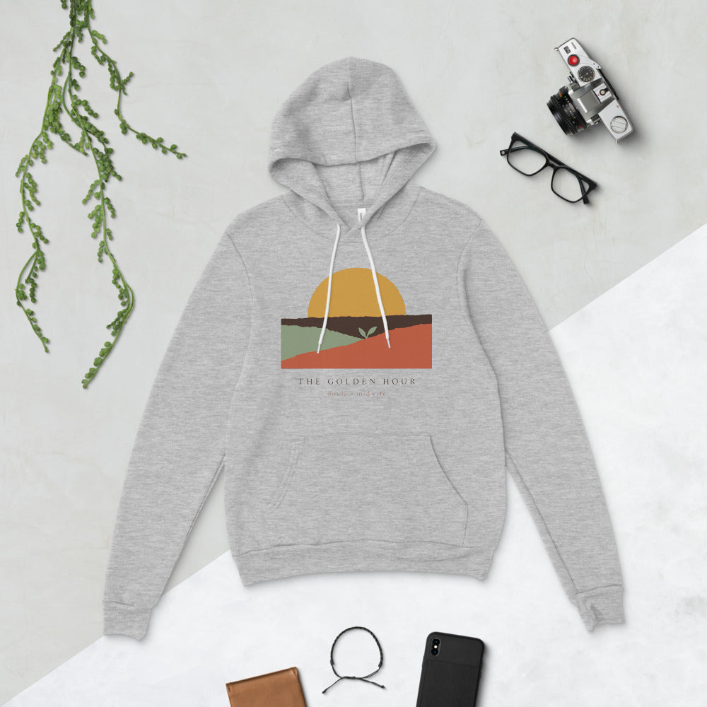 The Golden Hour birth worker doula hoodie — Athletic Heather, flat lay