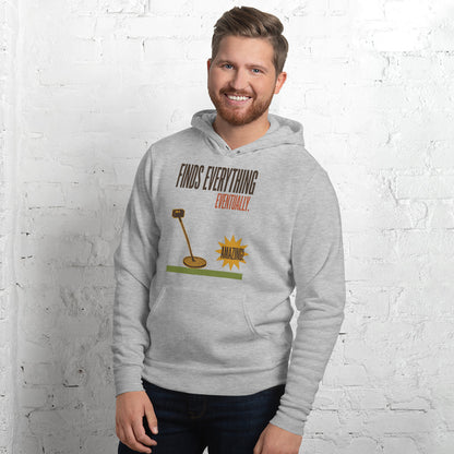 Finds Everything Eventually retro metal detecting hoodie — Athletic Heather, on model
