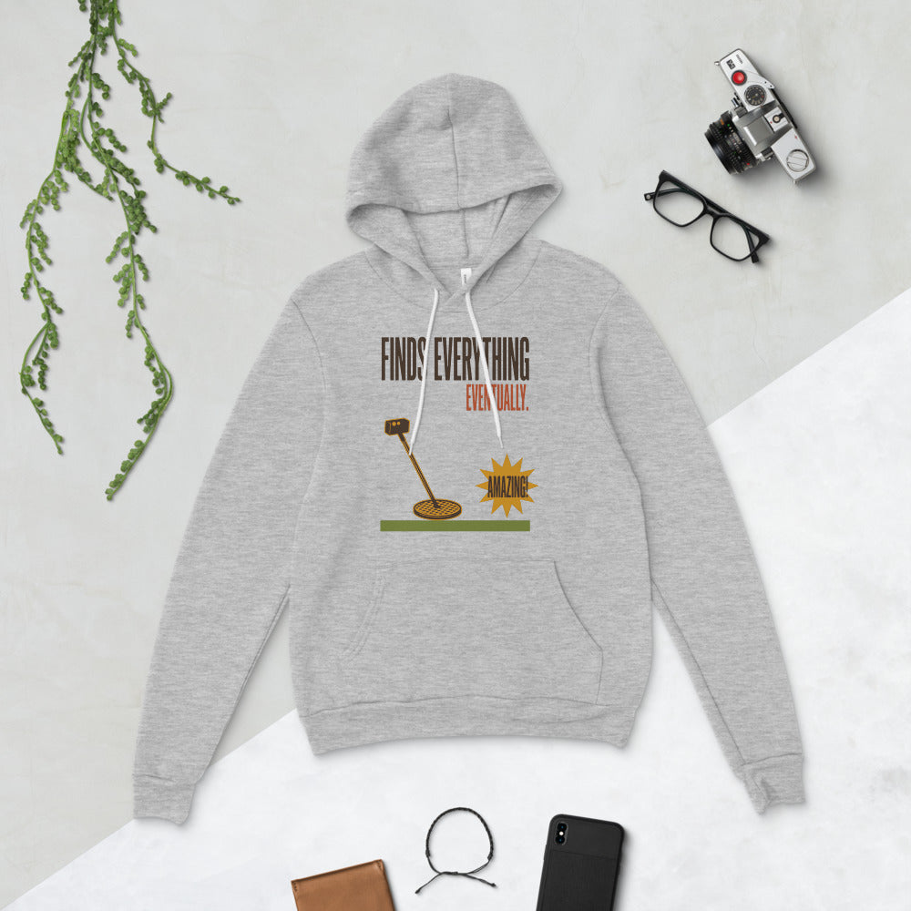 Finds Everything Eventually retro metal detecting hoodie — Athletic Heather, flat lay
