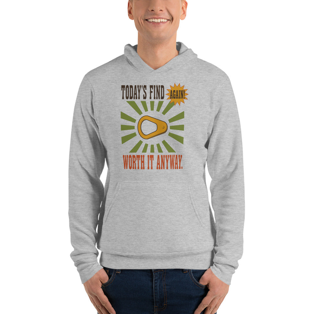 Today's Find pull tab retro metal detecting hoodie — Athletic Heather, on model