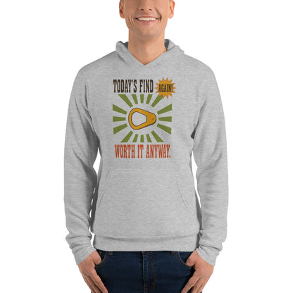Today's Find pull tab retro metal detecting hoodie — Athletic Heather, on model