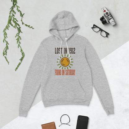 Lost in 1912 Found on Saturday retro metal detecting hoodie — Athletic Heather, flat lay