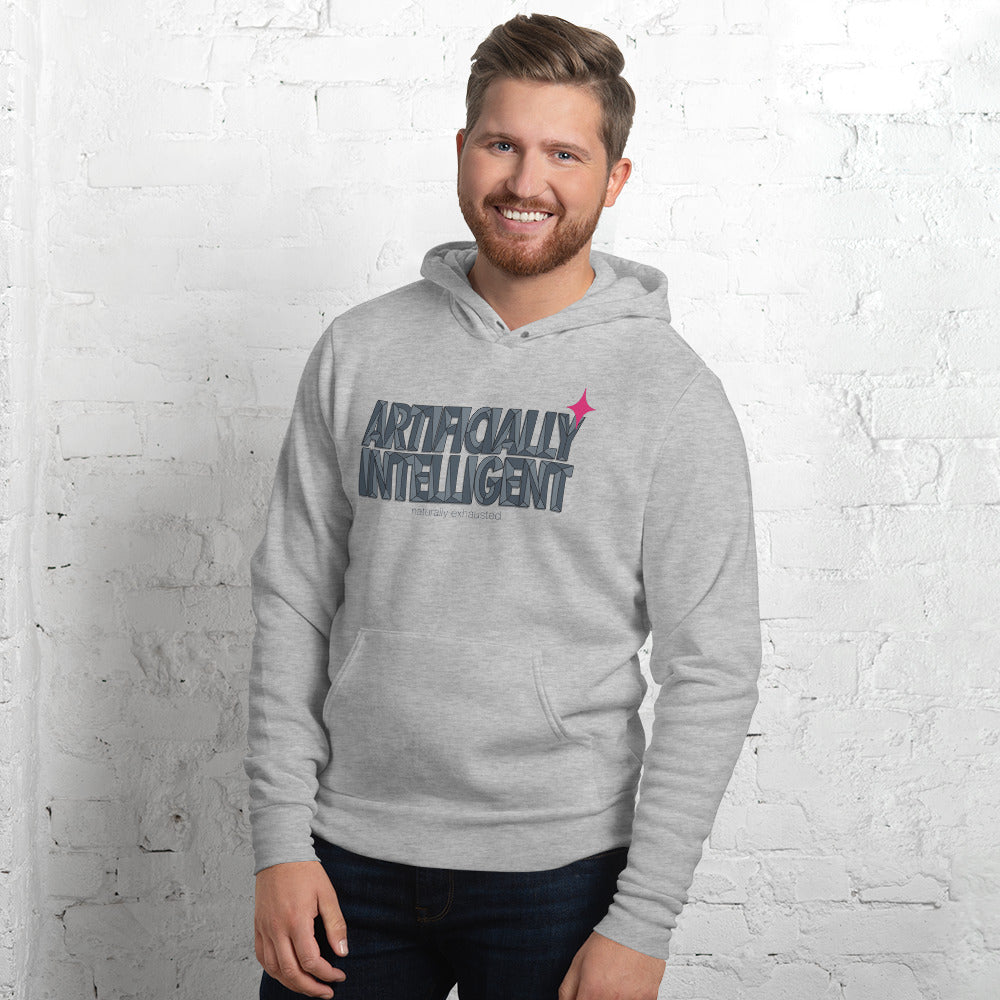 Artificially Intelligent funny AI pullover hoodie — Athletic Heather, on model
