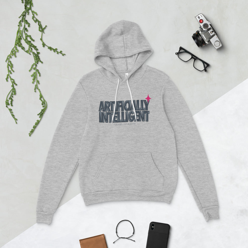 Artificially Intelligent funny AI pullover hoodie — Athletic Heather, flat lay