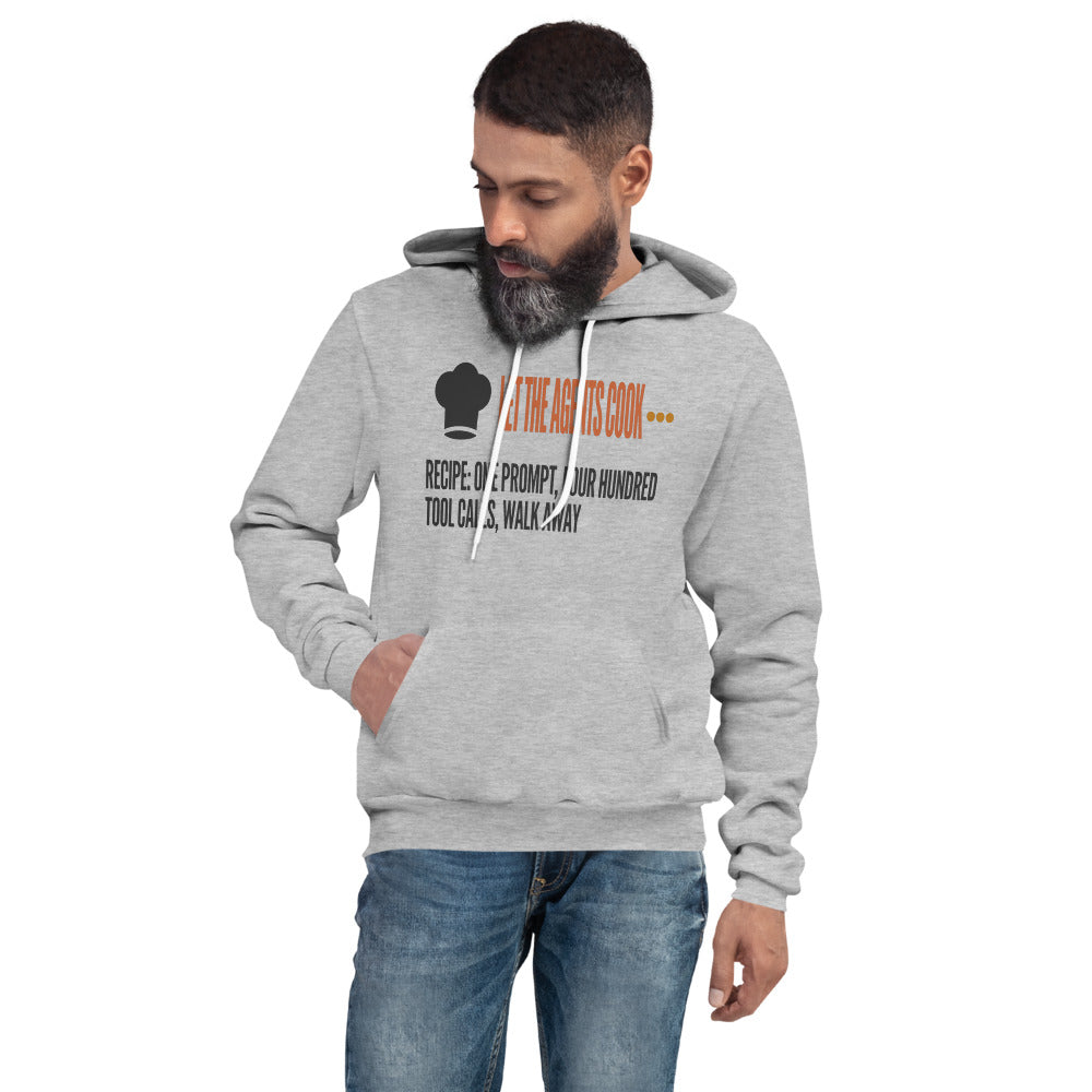 Let The Agents Cook hoodie — Athletic Heather, on model
