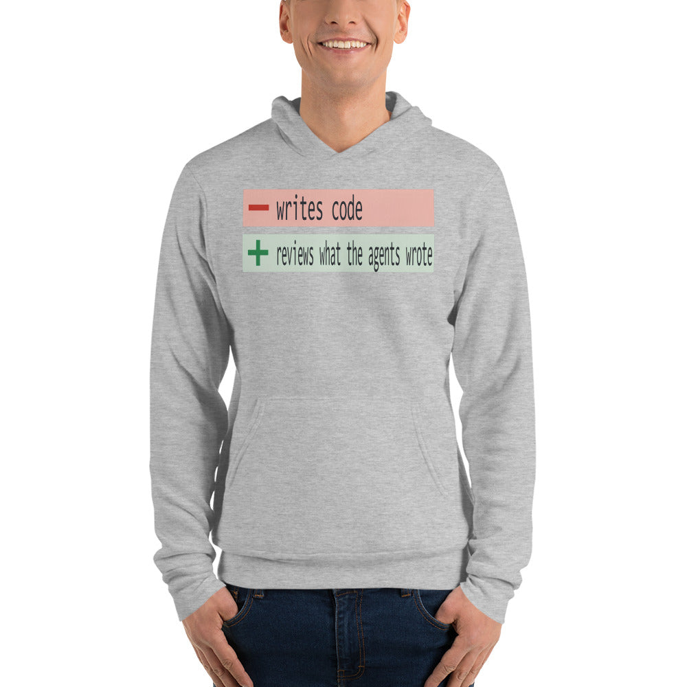 The Diff agentic AI engineer hoodie — Athletic Heather, on model