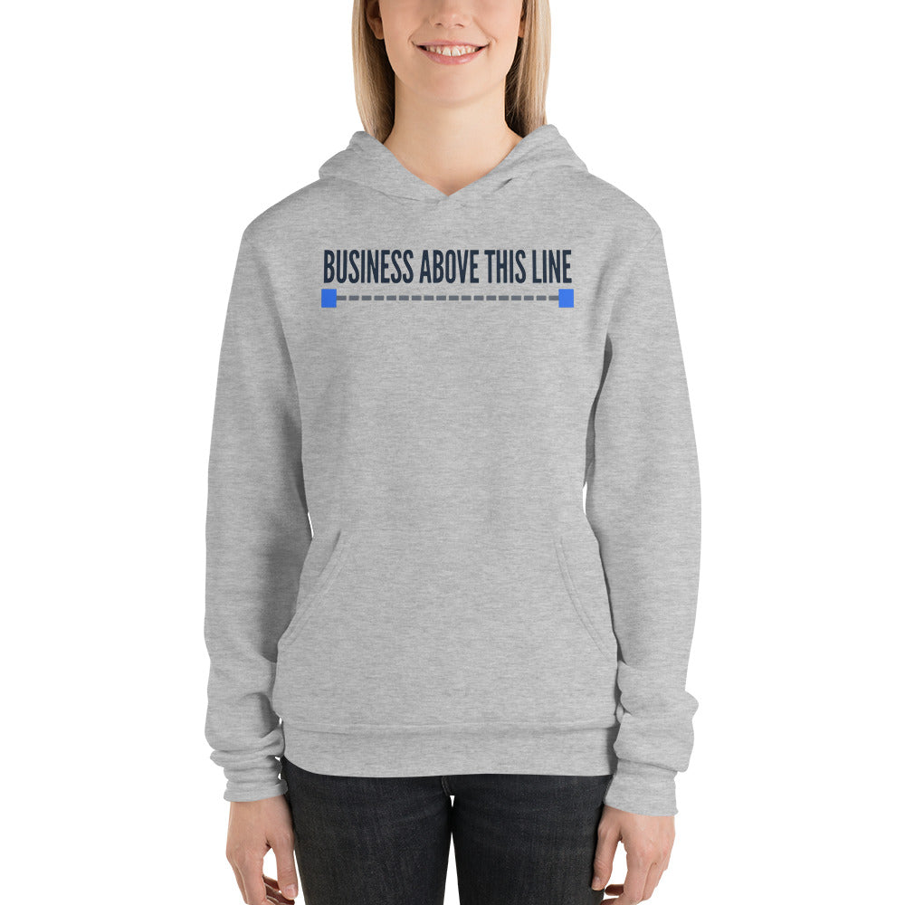 Business Above This Line pullover hoodie — Athletic Heather, on model