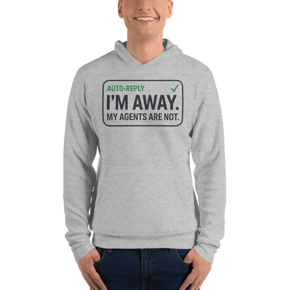 Auto-Reply agentic AI engineer hoodie — Athletic Heather, on model