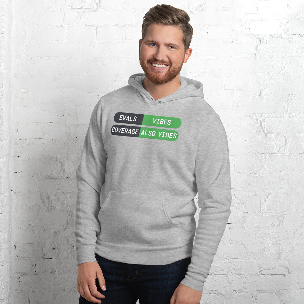 Eval Suite Vibes agentic AI engineer hoodie — Athletic Heather, on model