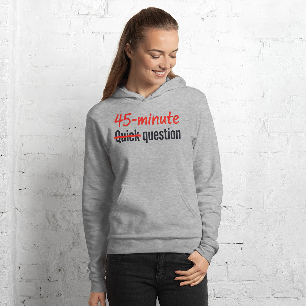 Quick Question funny work from home unisex hoodie — Athletic Heather, on model