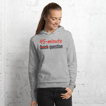 Quick Question funny work from home unisex hoodie — Athletic Heather, on model