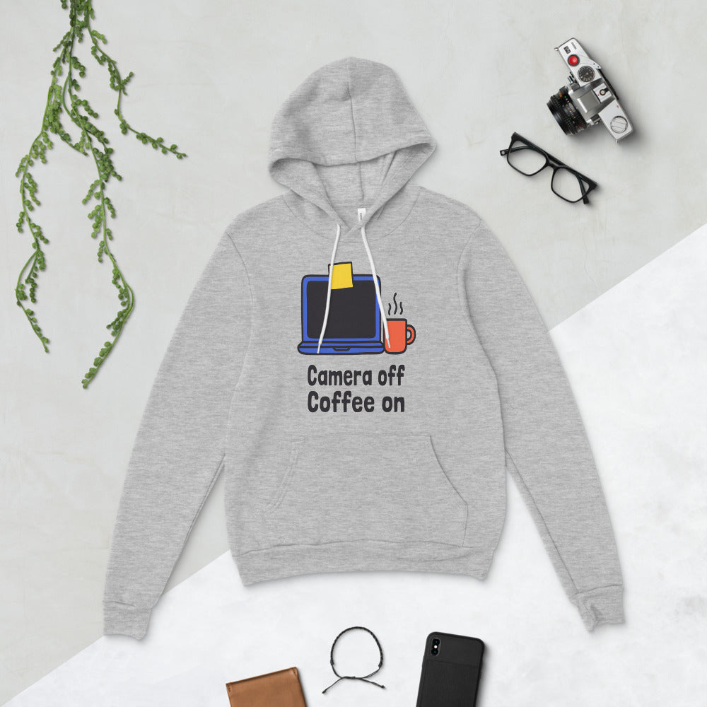 Camera Off Coffee On funny work from home unisex hoodie — Athletic Heather, flat lay