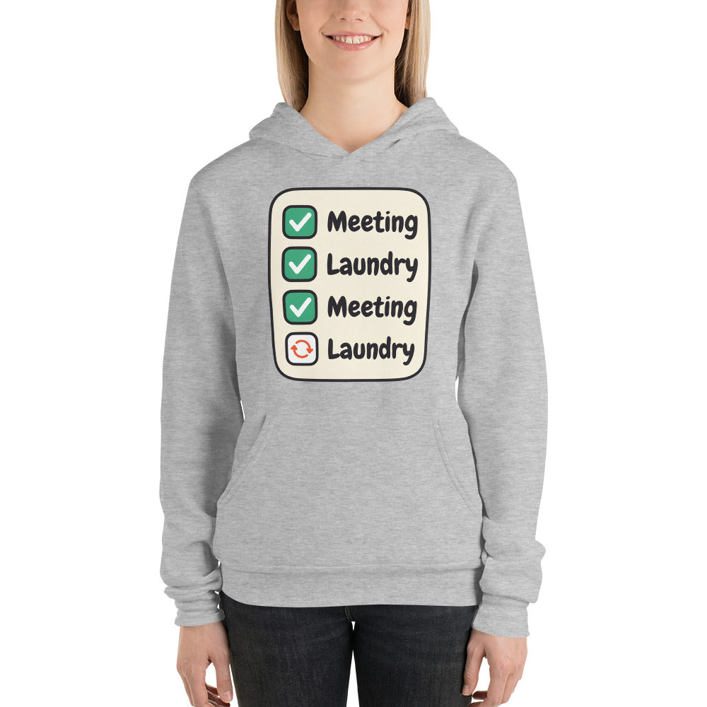 Meeting Laundry funny work from home unisex hoodie — Athletic Heather, on model