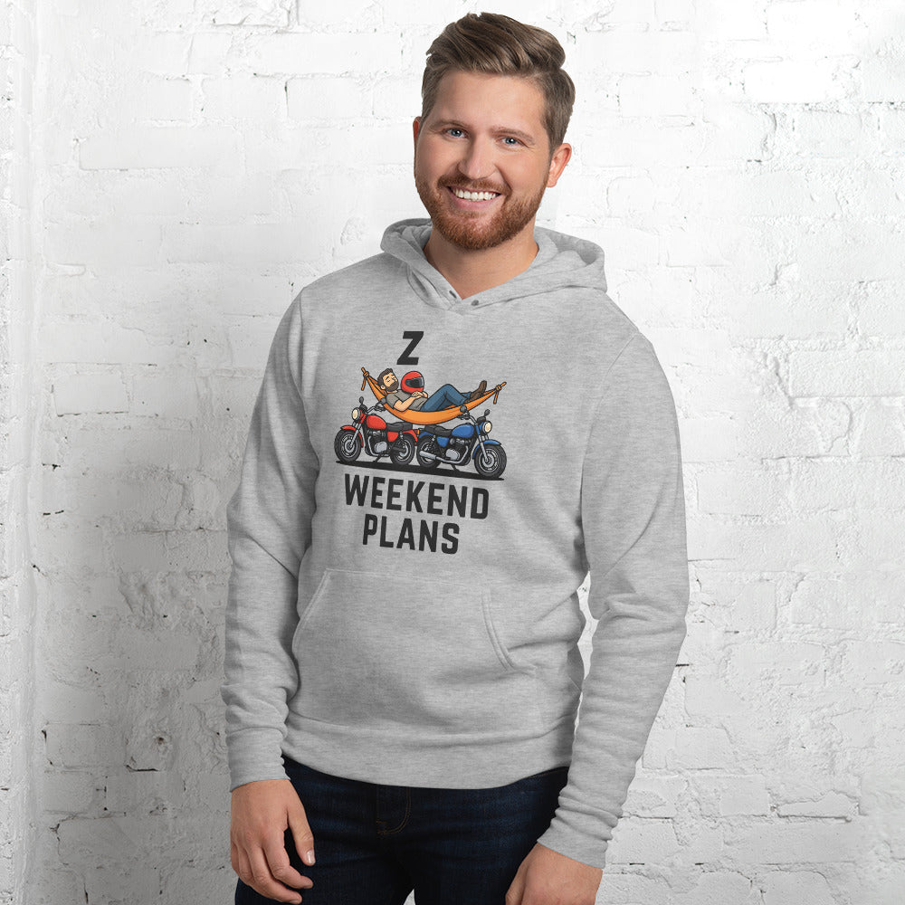 Weekend Plans funny motorcycle dad hoodie — Athletic Heather, on model