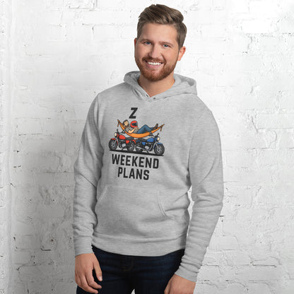 Weekend Plans funny motorcycle dad hoodie — Athletic Heather, on model