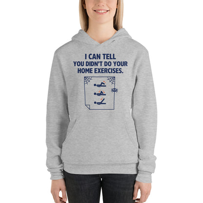 Home Exercises funny physical therapy hoodie — Athletic Heather, on model