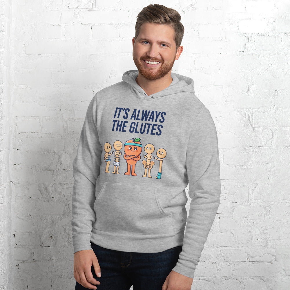Always The Glutes funny physical therapy hoodie — Athletic Heather, on model