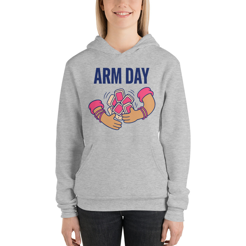 Arm Day funny mahjong hoodie — Athletic Heather, on model