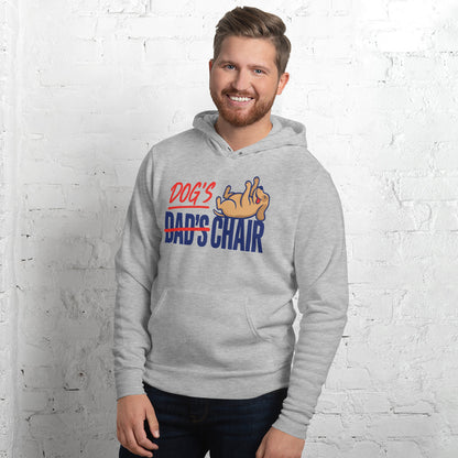 Dog's Chair funny dog dad hoodie — Athletic Heather, on model