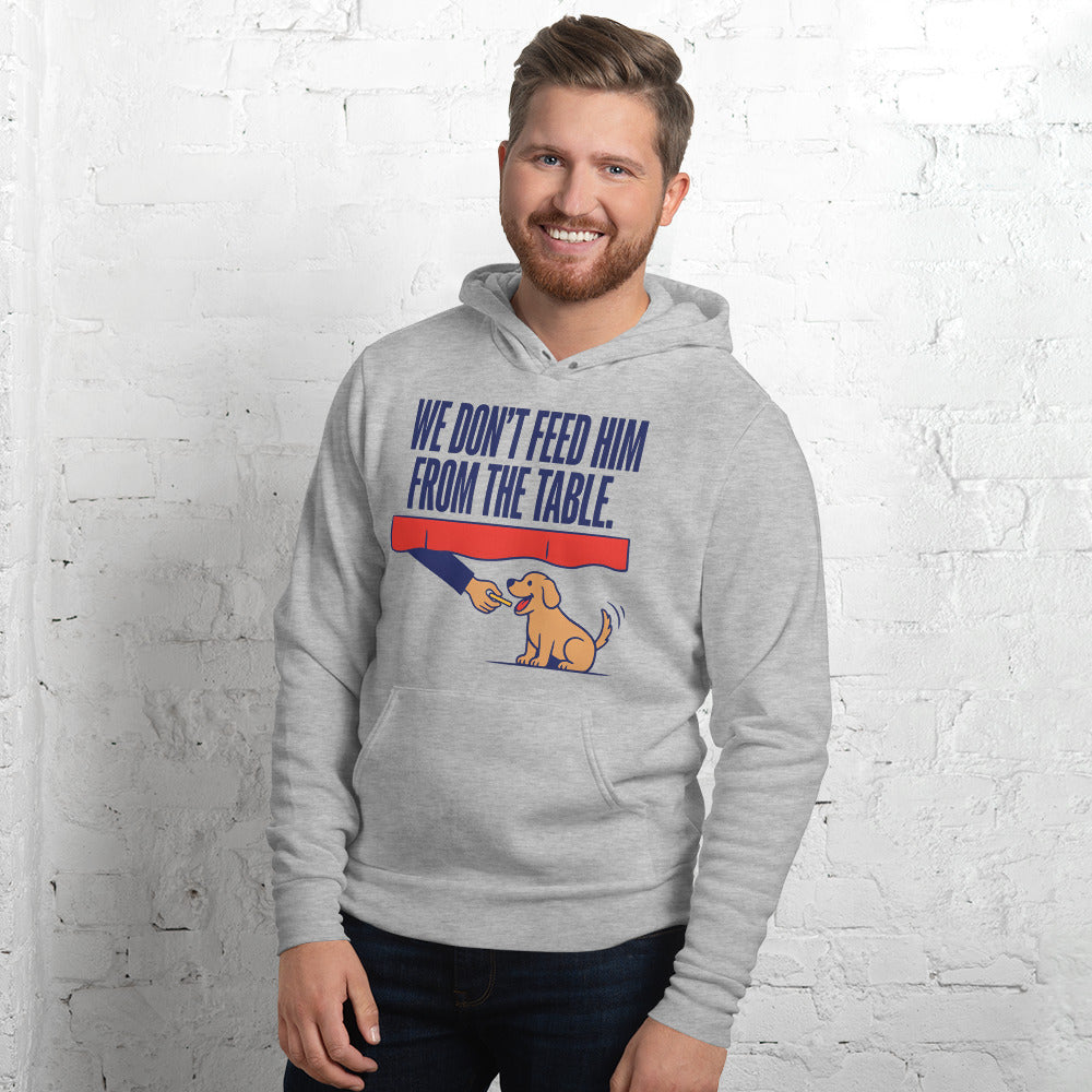 From The Table funny dog dad hoodie — Athletic Heather, on model