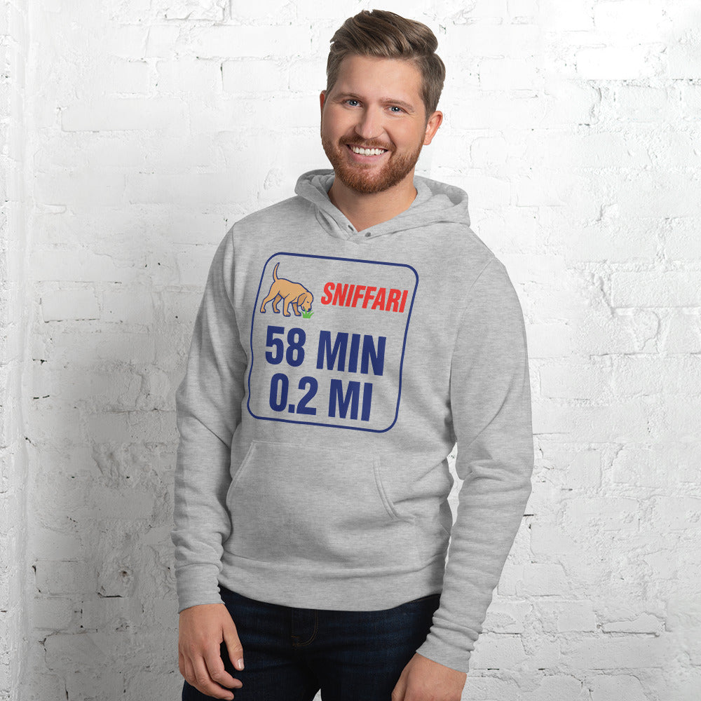 Sniff Walk Recap funny dog dad hoodie — Athletic Heather, on model
