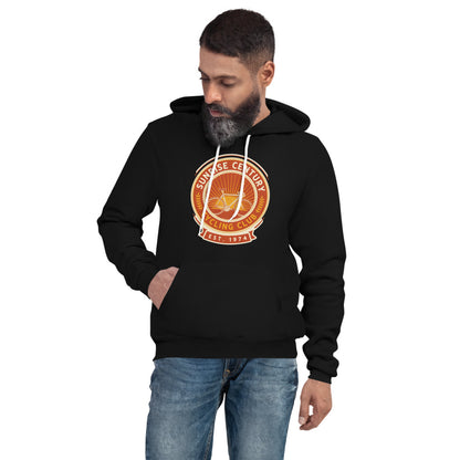 Sunrise Century C.C. retro cycling club badge hoodie — Black, on model