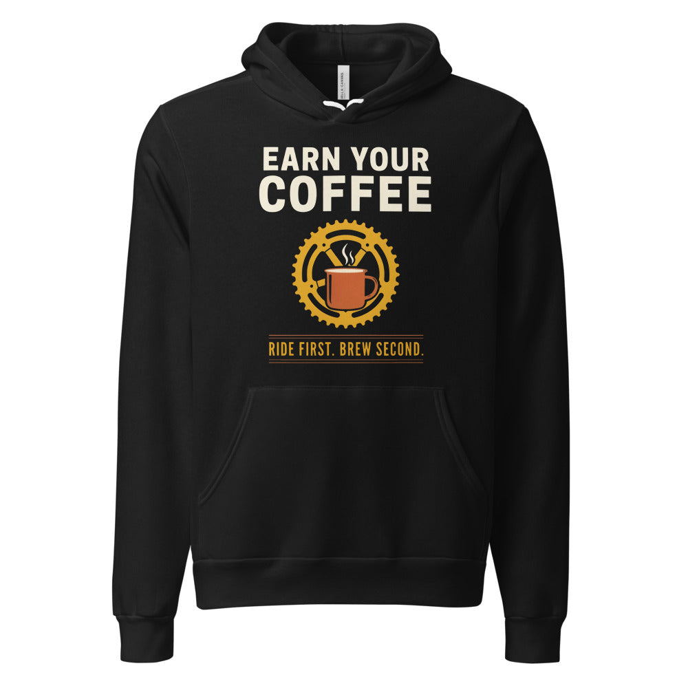Earn Your Coffee retro cycling coffee hoodie — Black, front