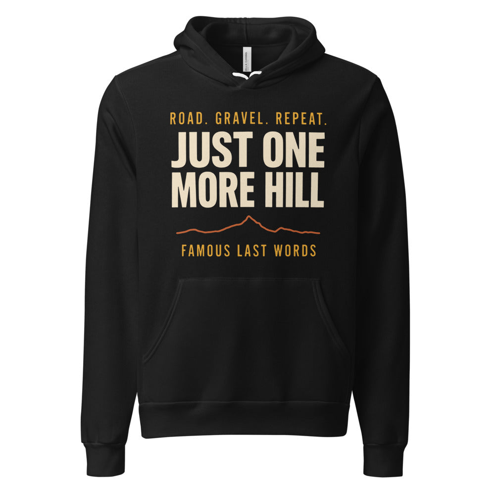 Just One More Hill retro cycling climb hoodie — Black, front