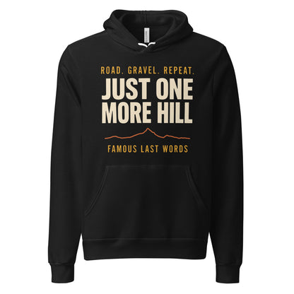 Just One More Hill retro cycling climb hoodie — Black, front