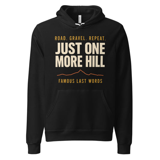 Just One More Hill retro cycling climb hoodie — Black, front