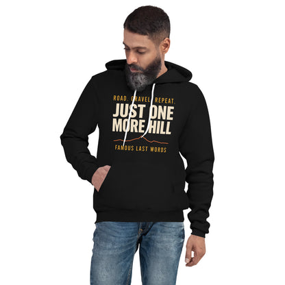 Just One More Hill retro cycling climb hoodie — Black, on model