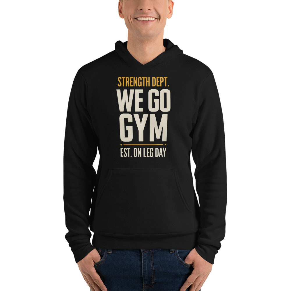 We Go Gym vintage athletic hoodie — Black, on model