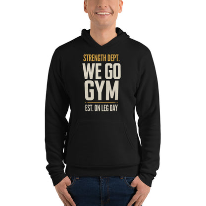 We Go Gym vintage athletic hoodie — Black, on model