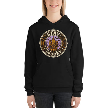 Stay Spooky retro Halloween vintage badge hoodie — Black, on model