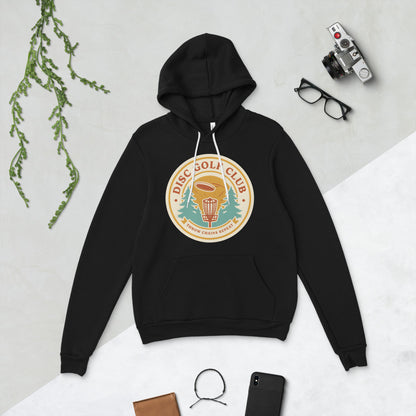Disc Golf Club retro badge hoodie — Black, flat lay