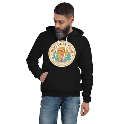 Disc Golf Club retro badge hoodie — Black, on model