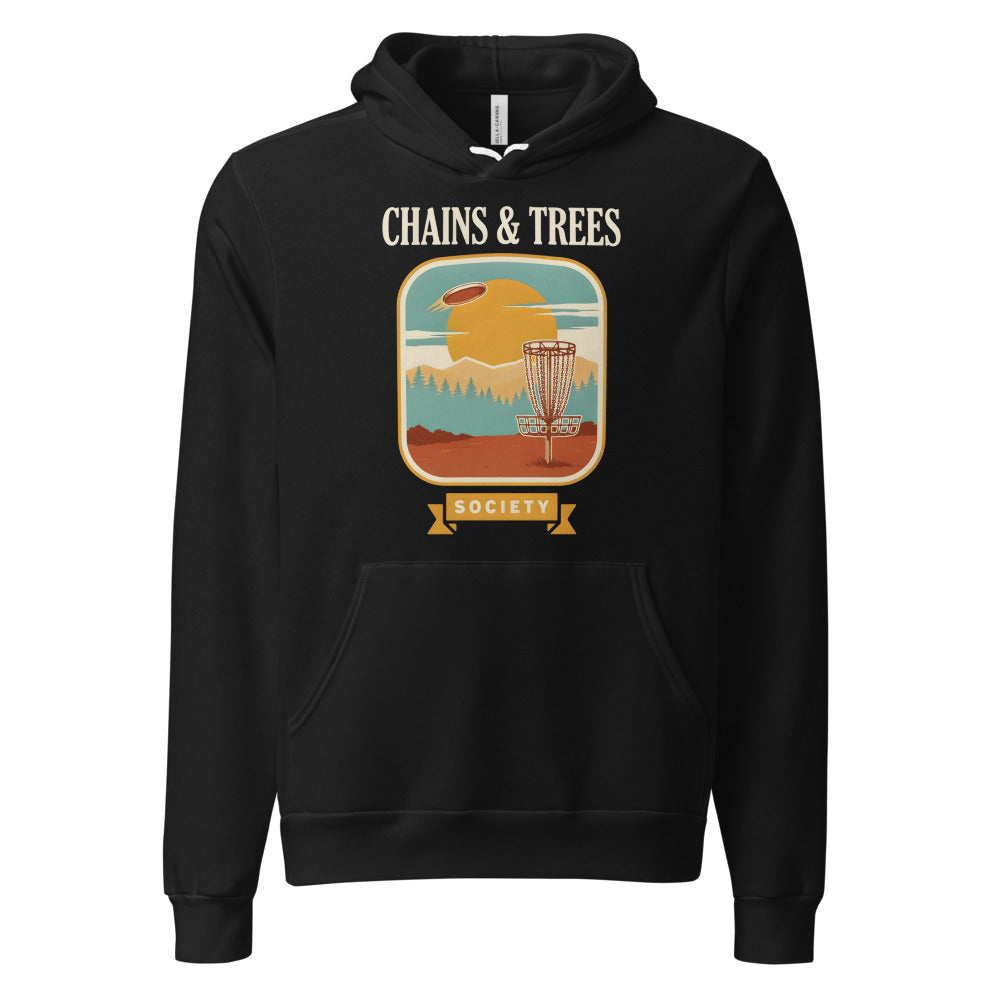 Chains & Trees Society disc golf retro landscape hoodie — Black, front
