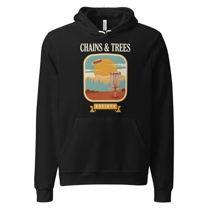 Chains & Trees Society disc golf retro landscape hoodie — Black, front