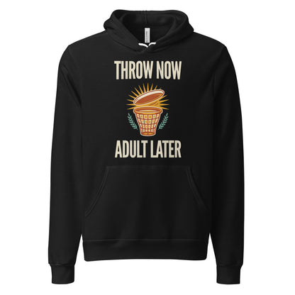 Throw Now Adult Later disc golf retro hoodie — Black, front