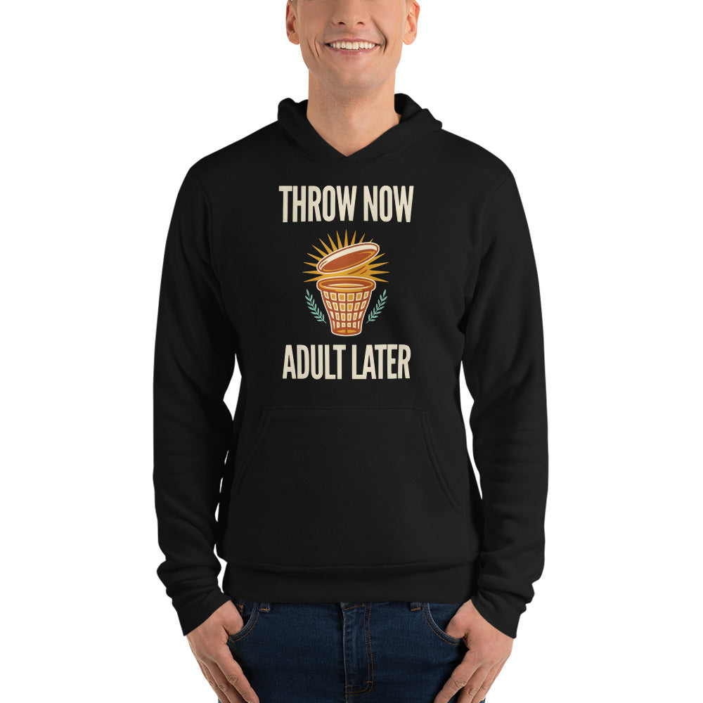 Throw Now Adult Later disc golf retro hoodie — Black, on model