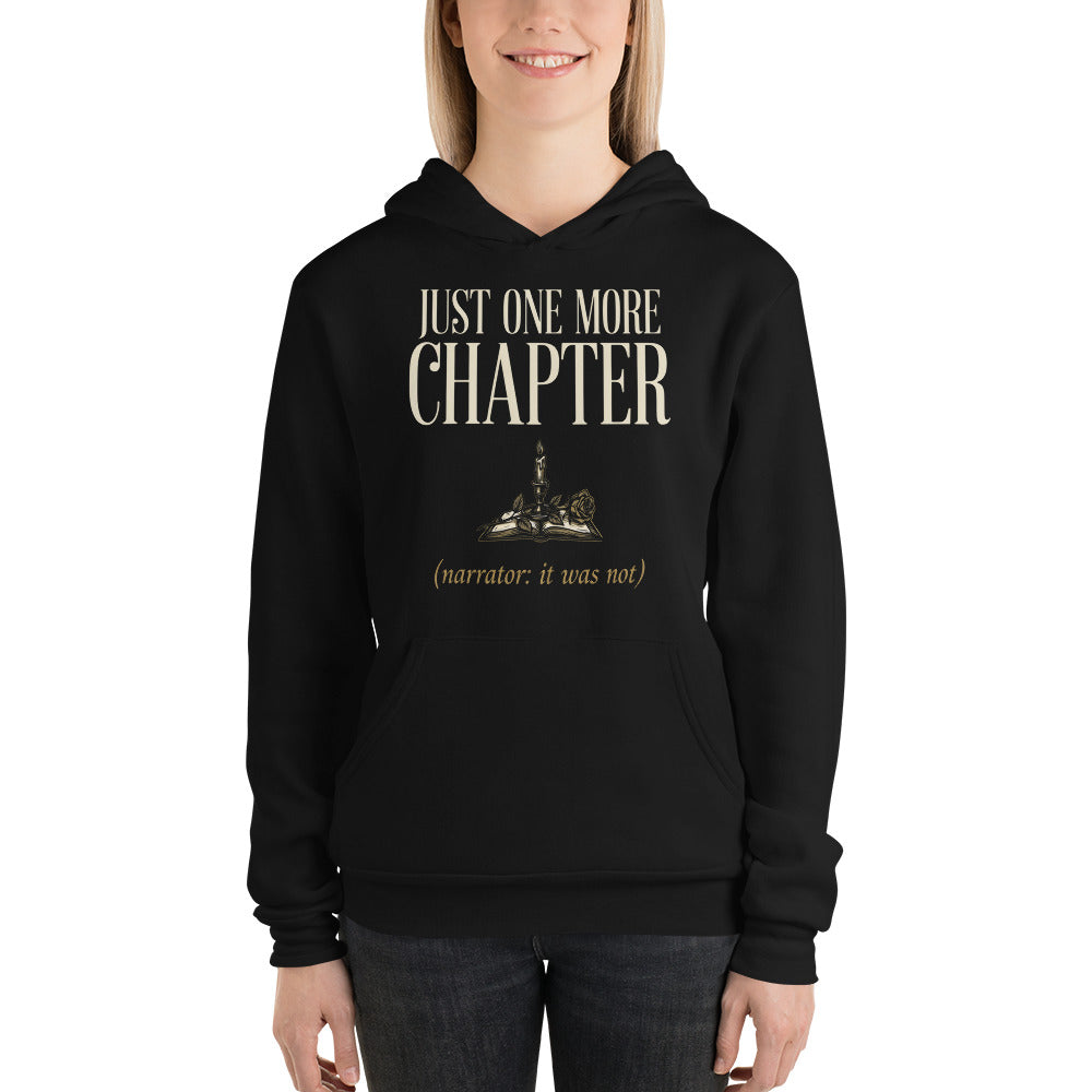 Just One More Chapter book lover dark academia hoodie — Black, on model