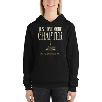 Just One More Chapter book lover dark academia hoodie — Black, on model