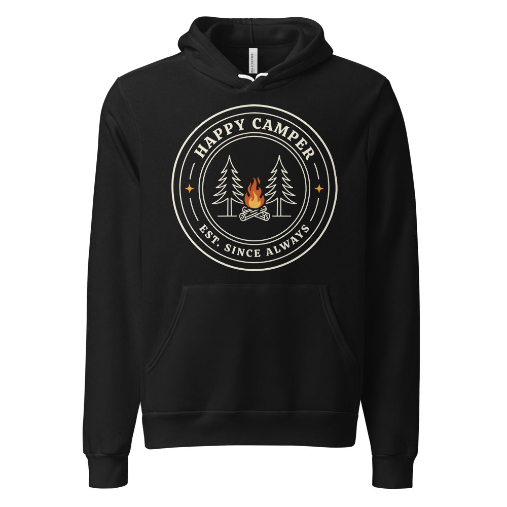 Happy Camper retro camp badge hoodie — Black, front