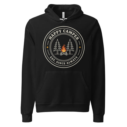 Happy Camper retro camp badge hoodie — Black, front