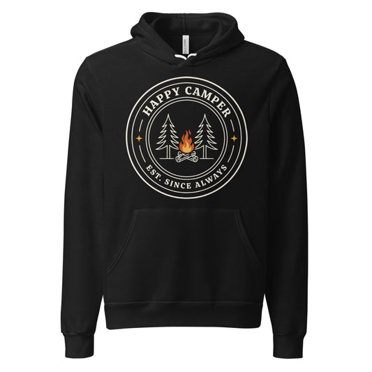 Happy Camper retro camp badge hoodie — Black, front