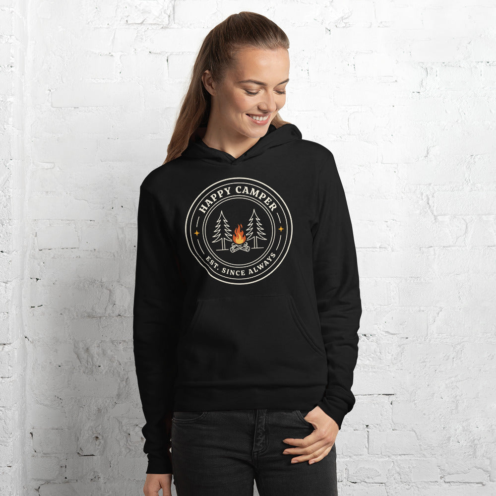 Happy Camper retro camp badge hoodie — Black, on model