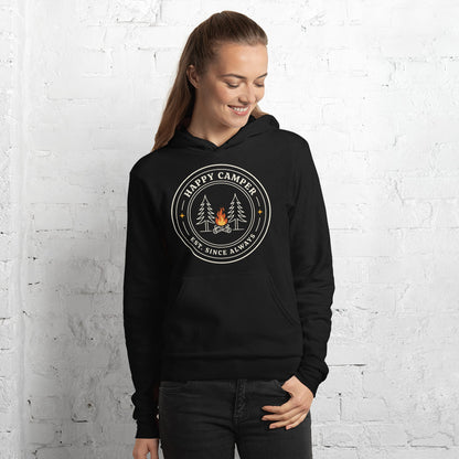 Happy Camper retro camp badge hoodie — Black, on model